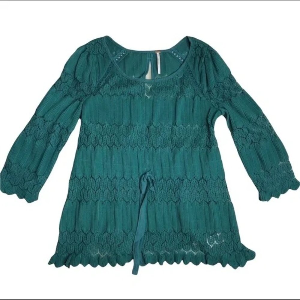 Free People Green Lace 3/4 Sleeve Top Tie Waist Scoop Neck Boho Style Sz S